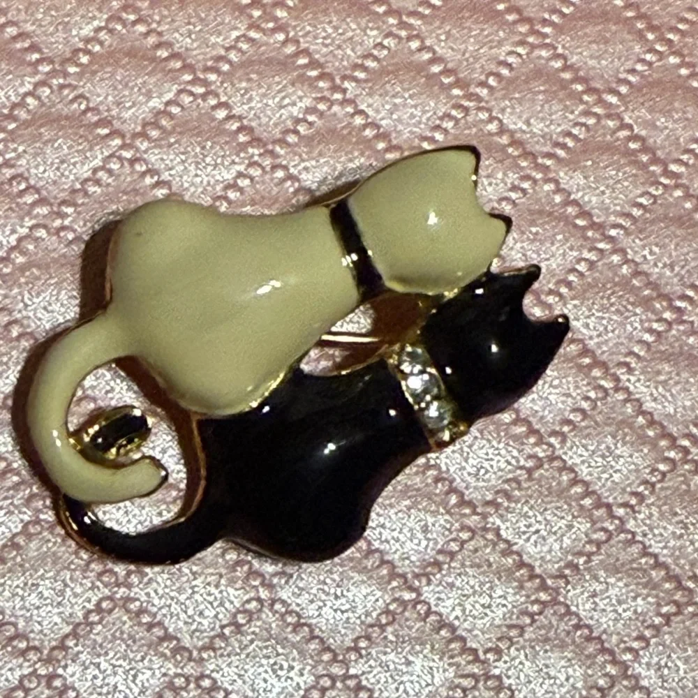 Cat Brooch - Black and Cream with Rhinestones in Gold Tone